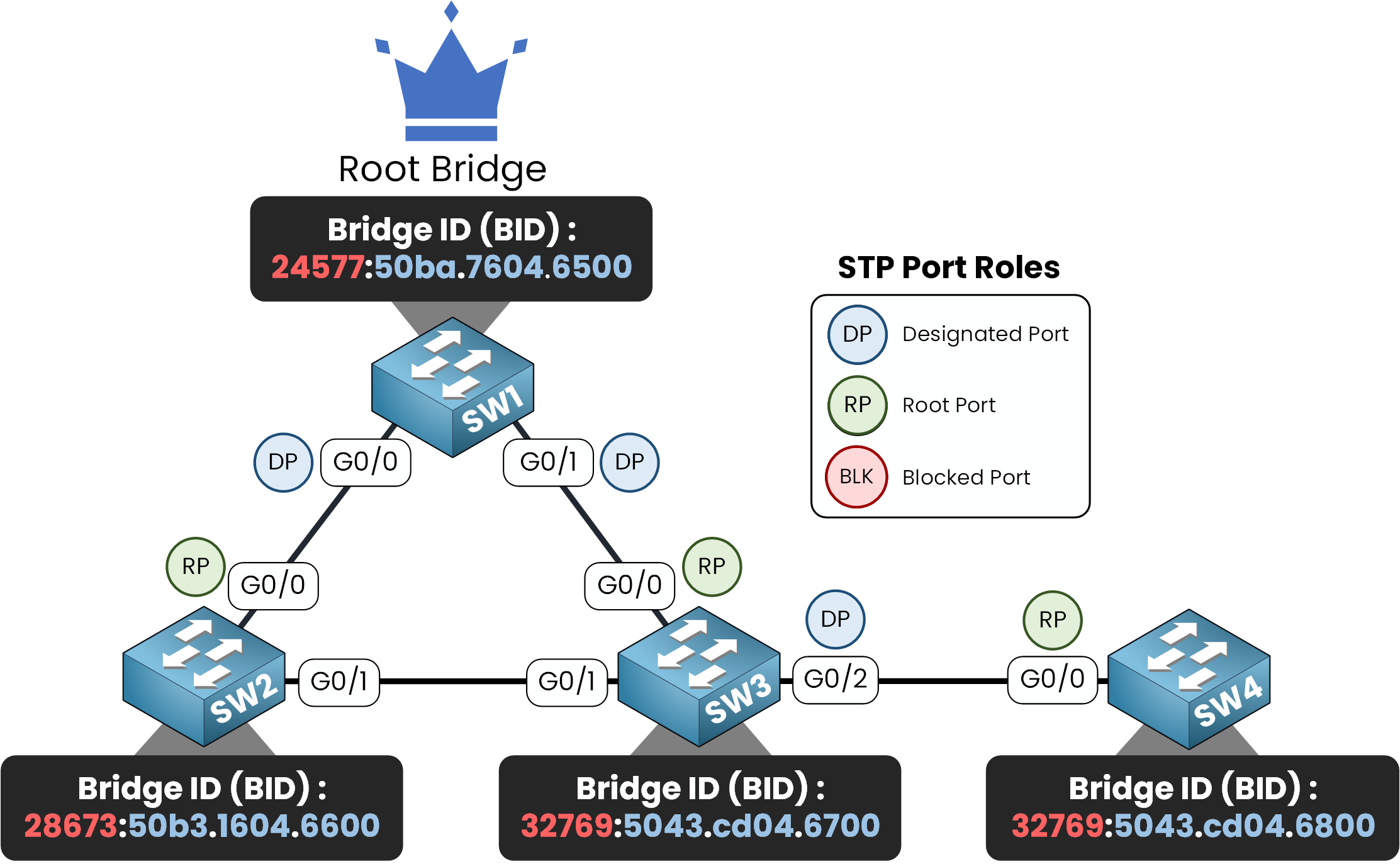 Spanning Tree Protocol diagram showing Designated Port and Root Port selection when a new switch is added to the topology.