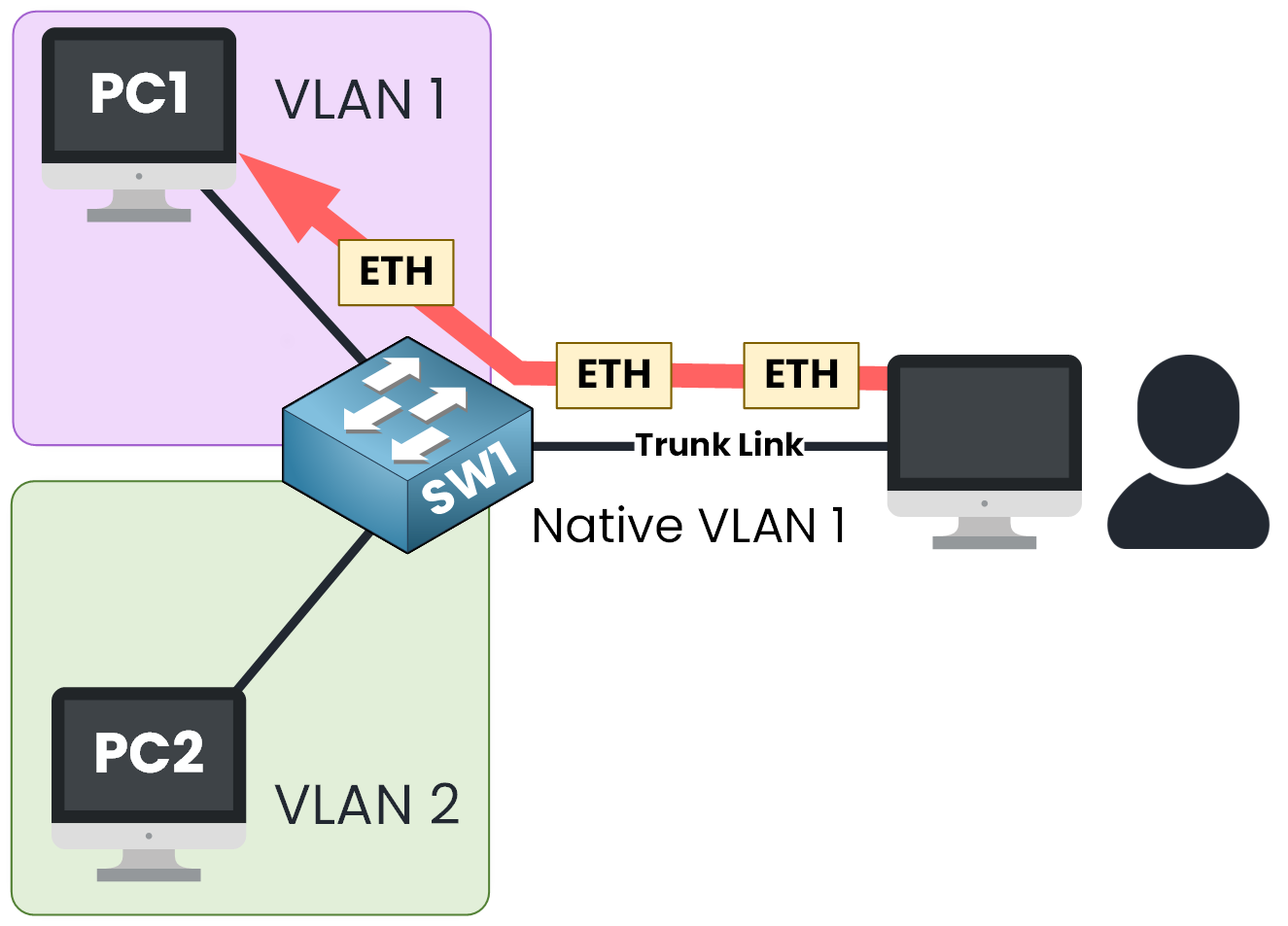 User mistakenly connected to trunk link, traffic assigned to native VLAN 1 on switch SW1 between VLAN 1 and VLAN 2