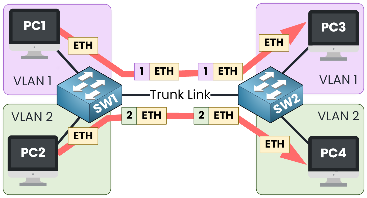 Diagram showing trunk native VLAN between SW1 and SW2 with VLAN 1 and VLAN 2 traffic on a trunk link using 802.1Q tagging