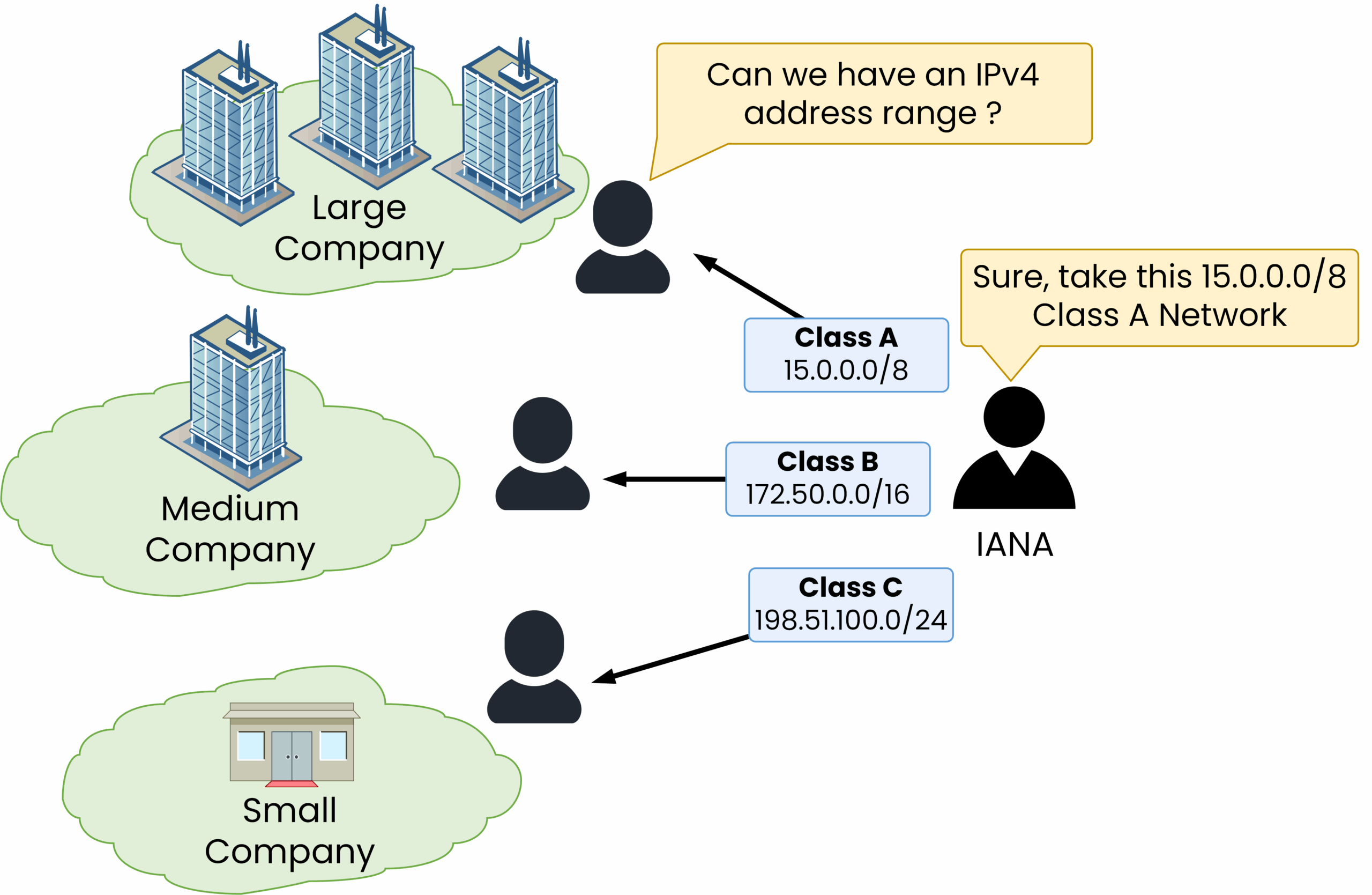IANA assigning classful IPv4 networks to companies: Class A 15.0.0.0/8, Class B 172.50.0.0/16, Class C 198.51.100.0/24.